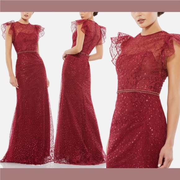 NWT $598 Mac Duggal [ 8 ] Ruffle‎ Sleeve Illusion Neck Beaded Lace Gown Red - Picture 1 of 14